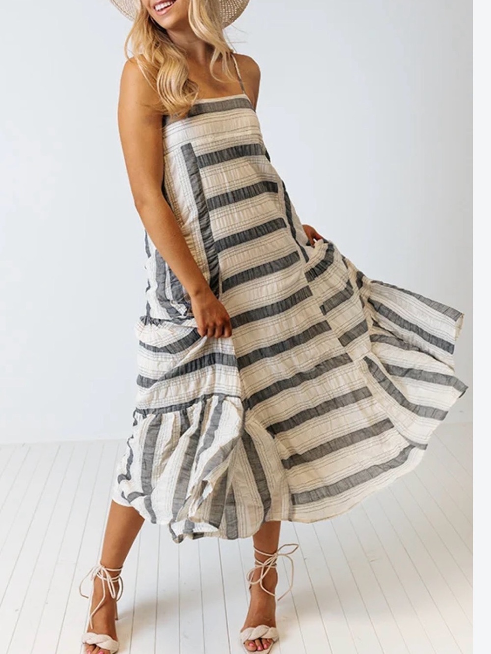 Miou Muse Cream and Navy Tiered Maxi Dress